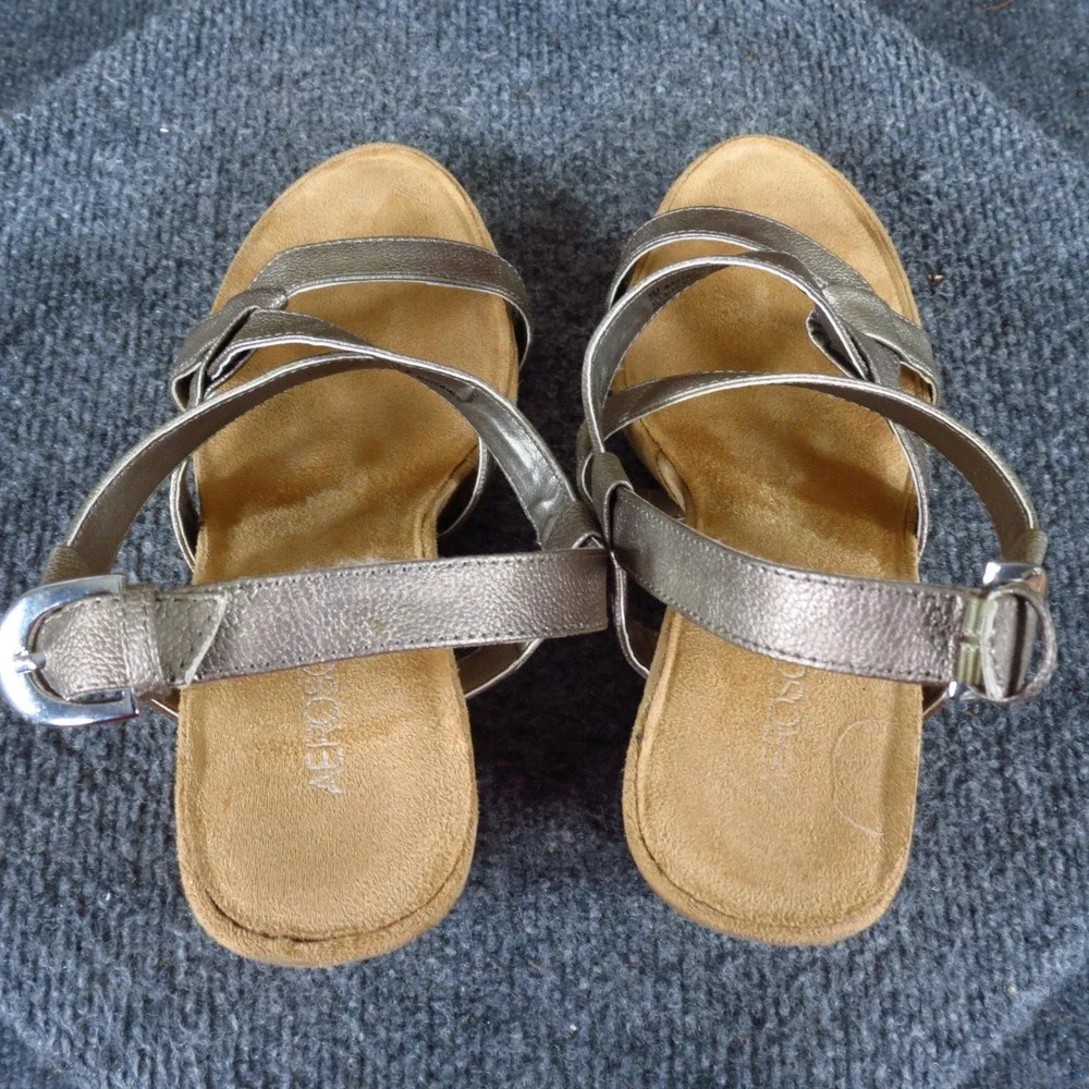 Aerosoles Plush Wedge‎ Women Strappy Sandal Size 8 Summer Metallic Pewter Cork